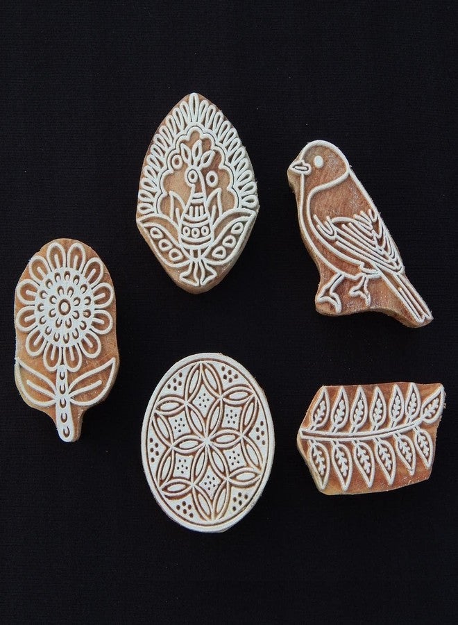 Ecofynd Wood Block Stamps (Pack of 5) for Printing - Artistic Shapes Craft Set for Kids, Saree Border, DIY Henna, Fabric, Textile, Paper, Clay, Pottery - Hand-Carved Wooden Blocks (BLOCK018) - Image 3